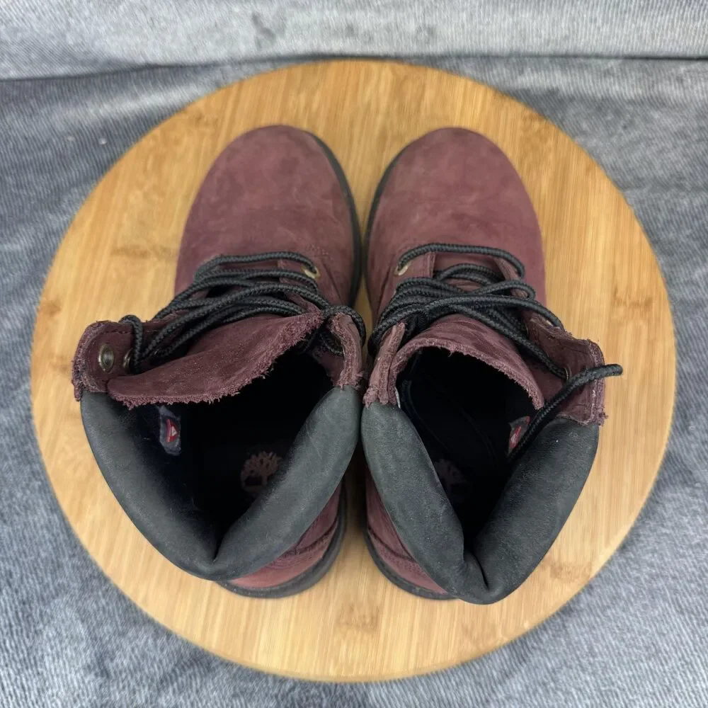 Timberland Boots Boys Size 2 Burgundy 6-Inch Nubuck Lace Up Lug Sole Youth A5Y3W